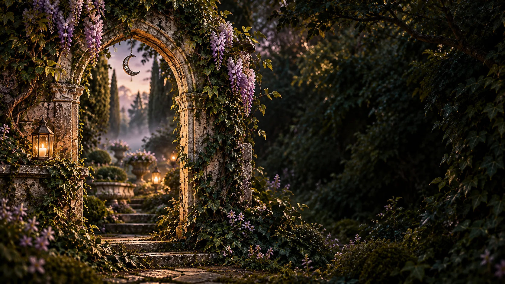 Concept artwork of a weathered ivy-covered garden arch
